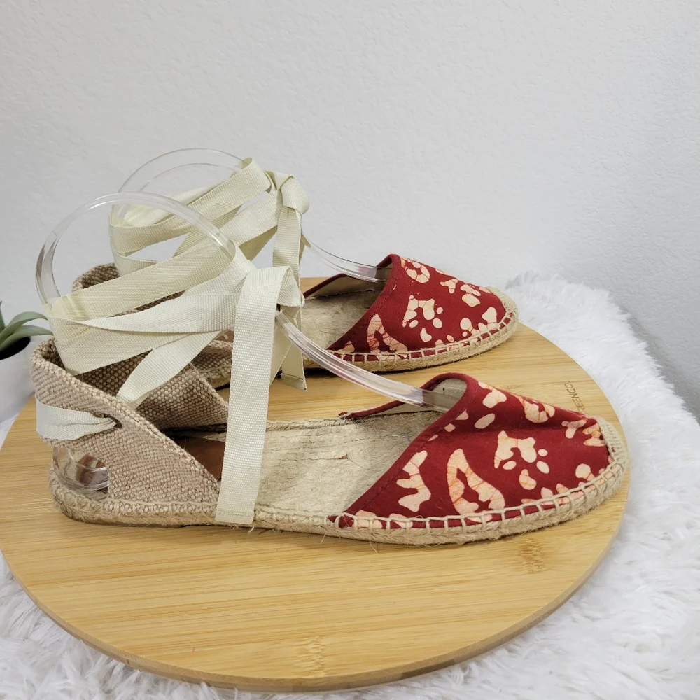 SOLUDOS x WREN Batik red ankle tie open heel boho summer espadrille sandals